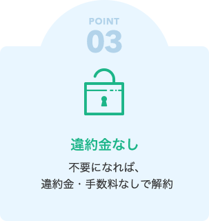 POINT03　違約金なし　不要になれば、違約金・手数料なしで解約。